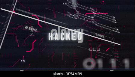 Displaying central HACKED text in dark UI, showing diagonal white bar, magenta HUD, scanline noise Stock Photo