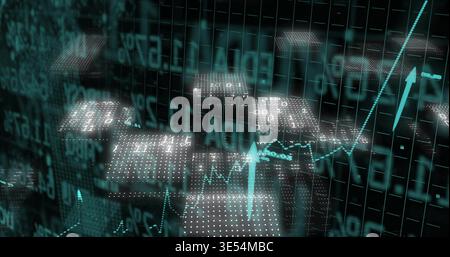 Displaying 3D data visual rising in virtual dashboard, with dotted platforms and numeric overlays Stock Photo