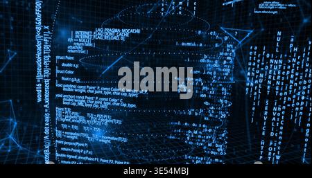 Displaying code-formed human-profile silhouette flowing across virtual grid, with glowing nodes Stock Photo