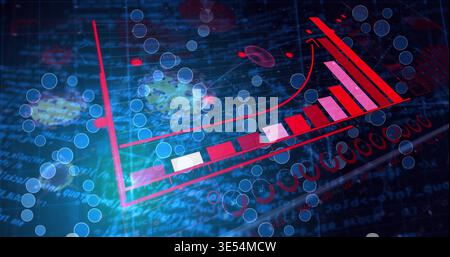 Displaying red 3D bar chart rising in digital data visualization, with upward arrow, virus markers Stock Photo