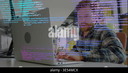 Typing mid-adult man in blue-white plaid at desk, viewing code on silver laptop with circular-mark Stock Photo