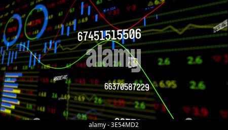 Showing bright green curve sweeping across trading screen, with white numeric labels and blue bars Stock Photo