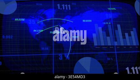 Displaying central world map filling dashboard, showing curved data arcs and numeric overlays Stock Photo