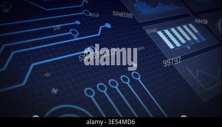 Displaying schematic UI showing glowing circuit traces on dark grid, numeric IDs, chart widgets Stock Photo