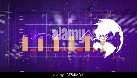 Displaying dashboard showing five orange bars, white polyline, labels and globe on purple grid Stock Photo