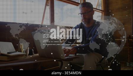 Working man wearing glasses dark sweater coding on laptop in loft with data overlays, copy space Stock Photo