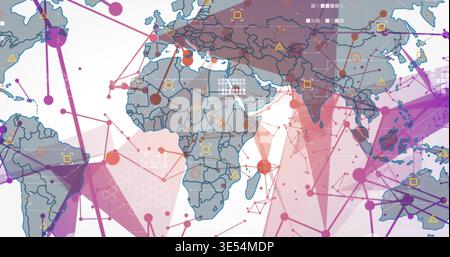 Displaying stylized world map highlighting network nodes and polygon overlays on digital dashboard Stock Photo