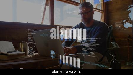 Typing mature man wearing dark sweater, glasses on laptop at rustic desk, projecting code overlays Stock Photo