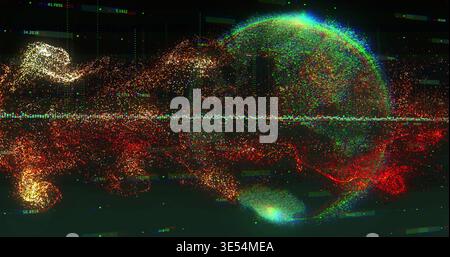 Rotating holographic globe and particle stream pulsing in virtual space, showing cyan axis Stock Photo
