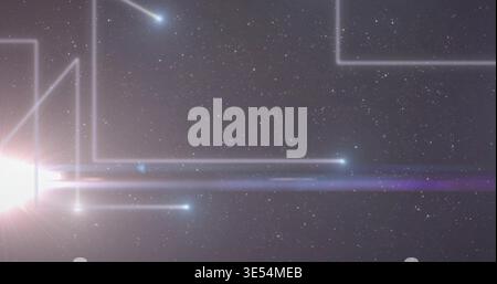 Radiating left flare casting beams in space with comet streaks and frames, purple band, copy space Stock Photo