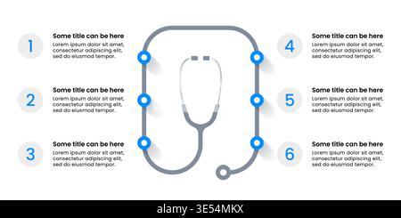 Infographic template with 6 options or steps. Stethoscope. Can be used for workflow layout, diagram, banner, webdesign. Vector illustration Stock Vector