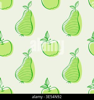 pattern with hand-drawn minimalist apples and pears in green line art style on light background. Fresh fruit texture for organic food packaging, kitchen textiles and nursery decor. Vector illustration Stock Vector