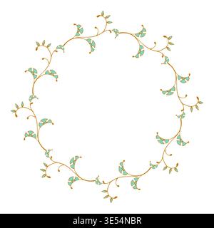 Elegant round floral frame with hand-drawn golden vines and turquoise leaves on white background. Minimalist botanical wreath for wedding invitations, greeting cards, and luxury branding design. Vector illustration Stock Vector
