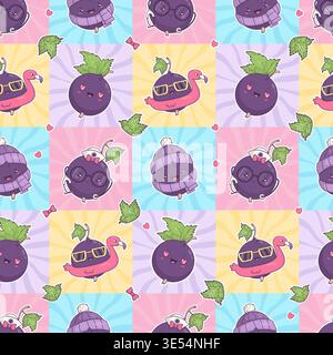 Seamless Kawaii Blackcurrant Pattern. Cute Funny Berry Mascot Character Sticker on Groovy Colorful Checkerboard Background Tile with Sunburst Rays for Stock Vector