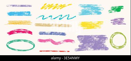 Set of textured colored chalk lines. Hand-drawn waves, lines, brushstrokes and highlights in various bright colors. Abstract design elements for notes Stock Vector