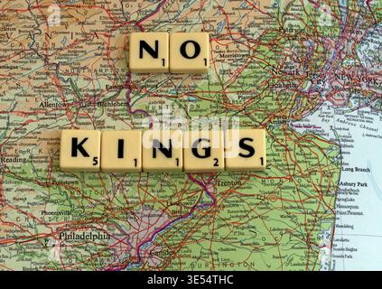 Philadelphia, Newark, New York, No Kings NoKings protests in USA on a map against Donald Trump acting like a king Stock Photo