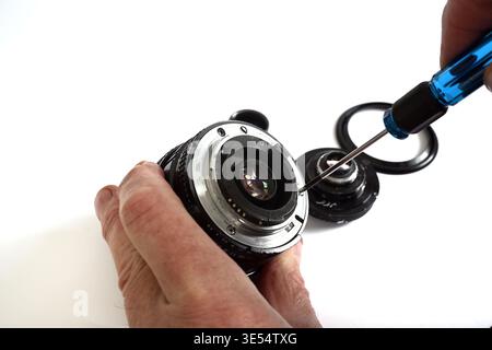 Exploded view of camera lens repair Stock Photo