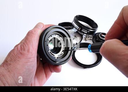 Exploded view of camera lens repair Stock Photo