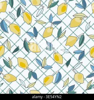 Seamless pattern with hand drawn lemons for textile, home decor, branding, visual communication, content, social media background, posters in Mediterr Stock Vector