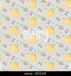 Seamless gardening pattern with watering cans, shovels, butterflies, and colorful hearts on light gray background, cheerful spring design for eco them Stock Photo