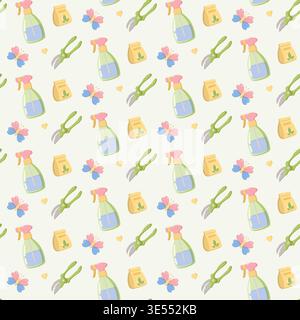 Seamless gardening pattern with spray bottles, seed packets, pruning shears, butterflies, and hearts on cream background, cheerful spring design for e Stock Photo