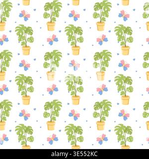Seamless pattern with potted monstera plants, butterflies, and blue hearts on light background, cheerful nature-inspired design for textiles, wallpape Stock Photo