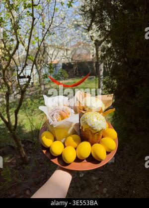 Easter eggs and iced muffins on plate in sunny garden Stock Photo