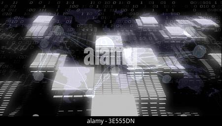 Floating panels and nodes forming network paths in virtual grid, showing dim world map, binary code Stock Photo