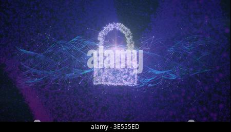 Glowing digital padlock floating in deep purple cyberspace, showing cyan waveforms and mesh nodes Stock Photo