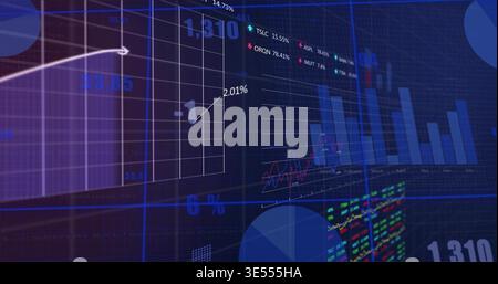 Displaying financial dashboard on virtual trading screen, showing grid plot, trend arrow, ticker Stock Photo