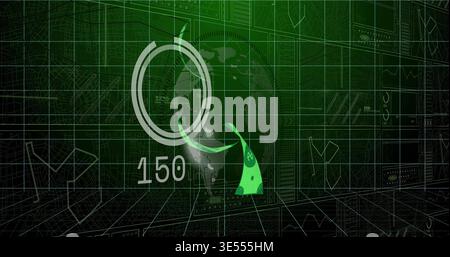Displaying circular HUD gauge with readout 150 on 3D interface, showing green triangular marker Stock Photo