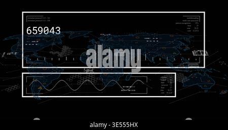 Displaying global data dashboard map on virtual interface, showing two HUD panels, readout 659043 Stock Photo