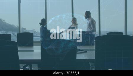 Shaking hands, three colleagues greeting in conference room wearing business attire, hologram brain Stock Photo