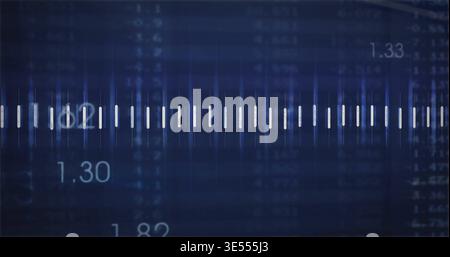Displaying central scale on navy display, showing white ticks, light spikes, numeric readouts Stock Photo