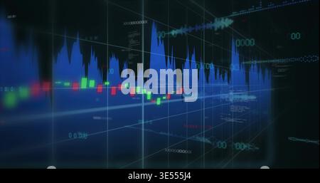 Displaying market chart in virtual 3D panel, showing blue plot, red and green candles, wire grids Stock Photo