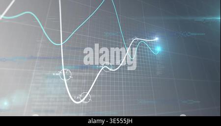 Displaying thick white trend line marking rings on virtual 3D plotting surface with cyan glow Stock Photo