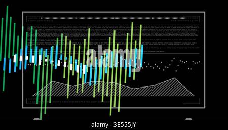 Displaying centered panel on black screen showing white frame, neon bars, hatched curve, code lines Stock Photo