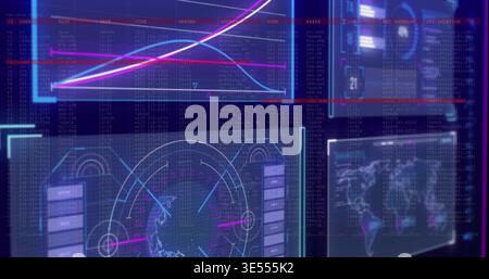 Displaying glassy HUD panels floating in command hub, showing trend chart, radar globe, map, code Stock Photo