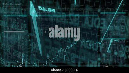 Displaying market chart centering frame at virtual data terminal, showing 3D arrow and dotted plot Stock Photo