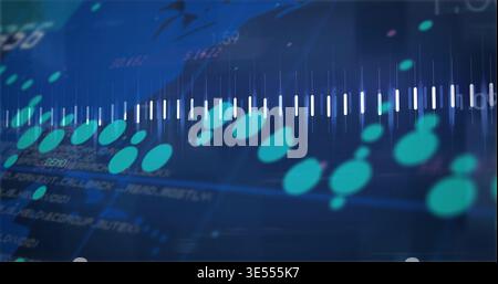 Displaying central white-bar waveform moving on dark-blue screen, with teal nodes, blurred code Stock Photo