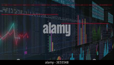 Displaying glass data panels at virtual dashboard, showing neon line, bar charts, code columns Stock Photo