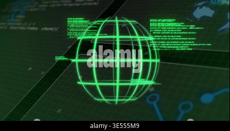 Hovering holographic globe glowing neon green over grid plane, showing code overlays and map nodes Stock Photo