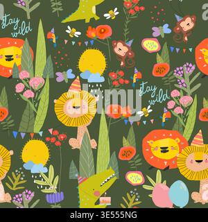 Seamless Pattern with a Cute Funny Animals celebrating Birthday Stock Vector