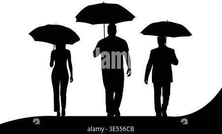 people with umbrellas silhouettes collection walking standing rainy weather poses set isolated on white background Stock Vector