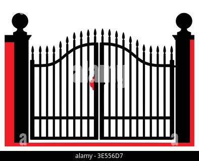 Decorative wrought iron gate silhouette illustration with ornate metal design and classic entrance style, isolated on white background Stock Vector