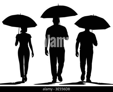 Silhouette of People Walking with Umbrellas in Rainy Weather Stock Vector