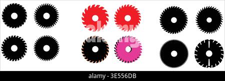 Set of circular saw blades in silhouette and red, Vector Collection of industrial cutting tools Stock Vector