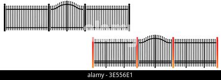 Black Metal Fence and Gate Vector Set Isolated on White Background Stock Vector