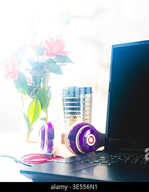 Laptop and morning light Stock Photo