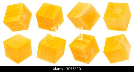 Persimmon fruit cubes, fresh kaki pulp slices isolated on white background, full depth of field Stock Photo